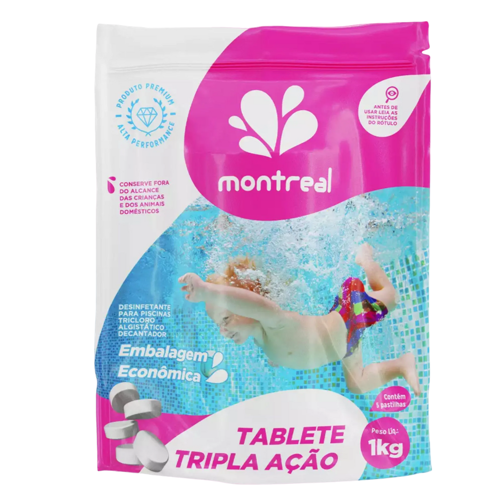 Tablete Tripla Ação Piscina - Acido Tricloroisocianurico Seco - Montreal - 1Kg Stand Up C/5Un