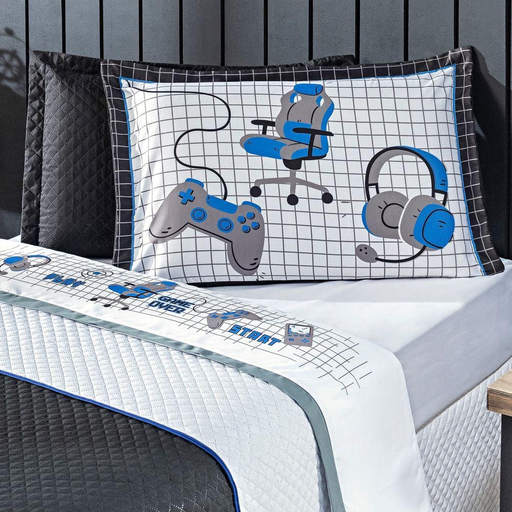 Jogo de Cama Game Streamer Branco/Azul CASAL PADRÃO 04 Peças - Percal 200 Fios