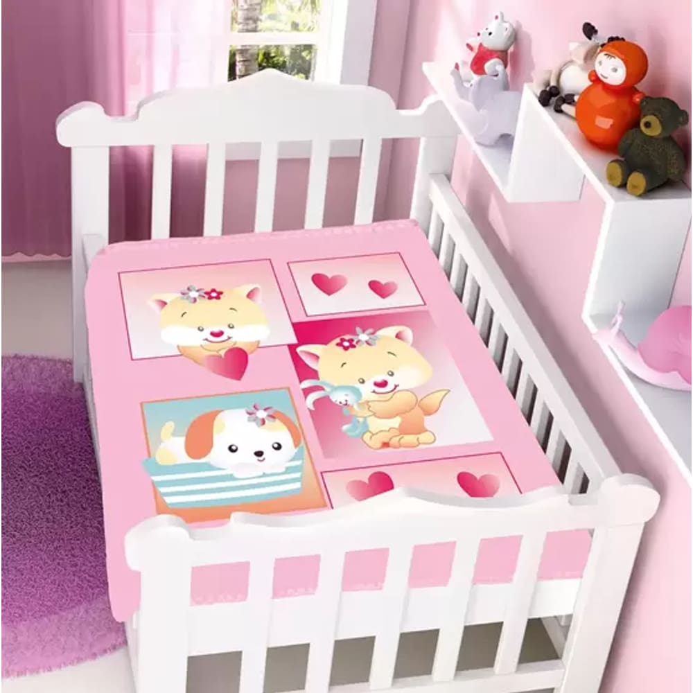 COBERTOR INFANTIL JOLITEX RASCHEL PLUS 0,90CM x 1,10M BICHINHOS ROSA
