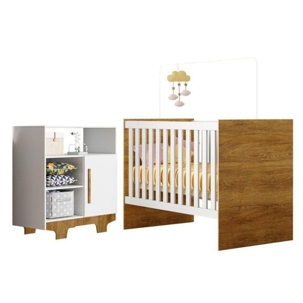 Quarto de Bebê com Berço com Suporte 100% Mdf Life e Cômoda 100% Mdf 1 Porta 3 Prateleiras Flocos Branco/Madeirado Ypê