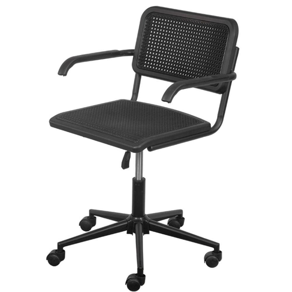 Cadeira com braço Cesca Polipropileno Preto Simulando Palha Preta Base Rodizio em Nylon Preto