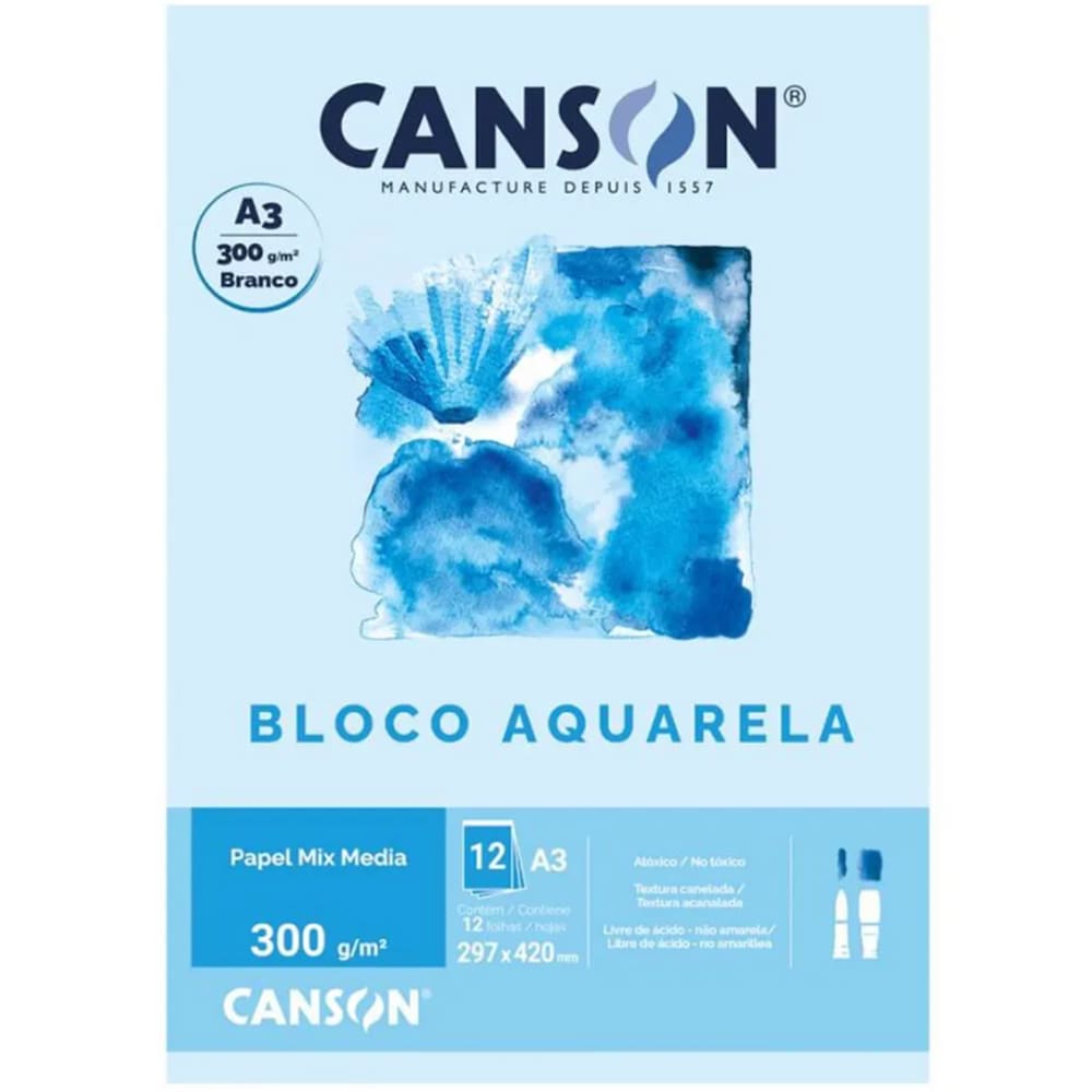 Bloco De Papel Aquarela BRANCO  300g - A3 12 Folhas - Canson