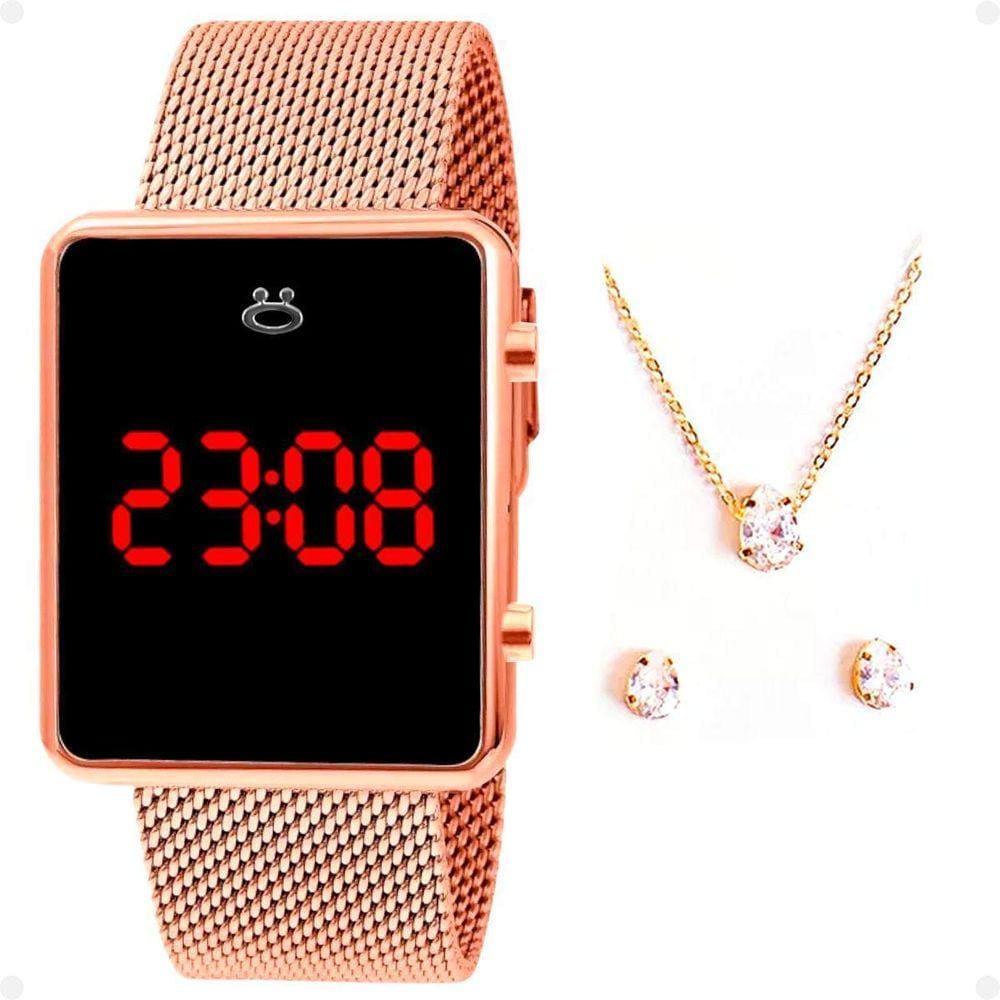 Relogio Feminino Digital Aço Inox + Brincos + Colar