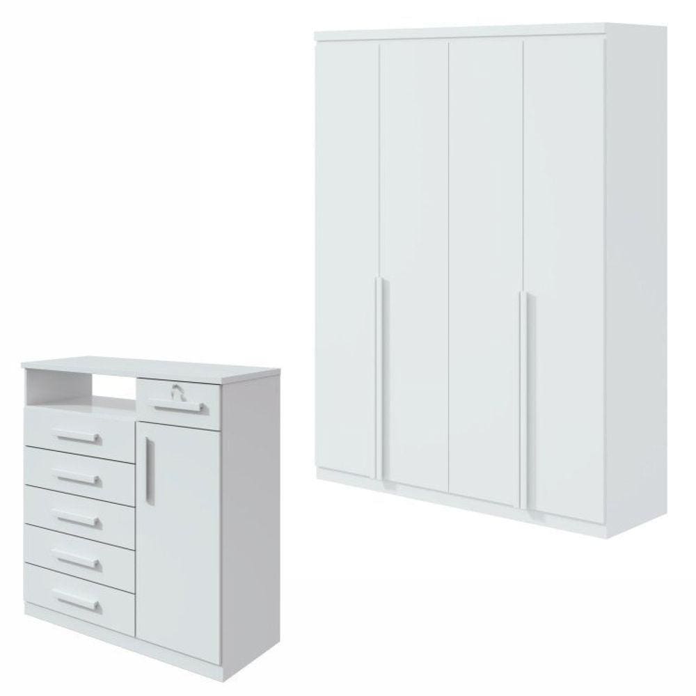 Conjunto de Guarda-Roupa Alonzo com pés e Cômoda Da Vinci com Nicho Branco