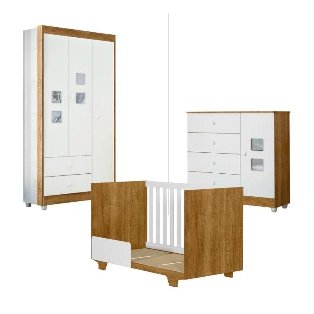 Quarto de Bebê com Berço Mini Cama, Cômoda 1 Porta 4 Gavetas e Guarda Roupa 3 Portas 2 Gavetas Life Branco/Madeirado Ypê