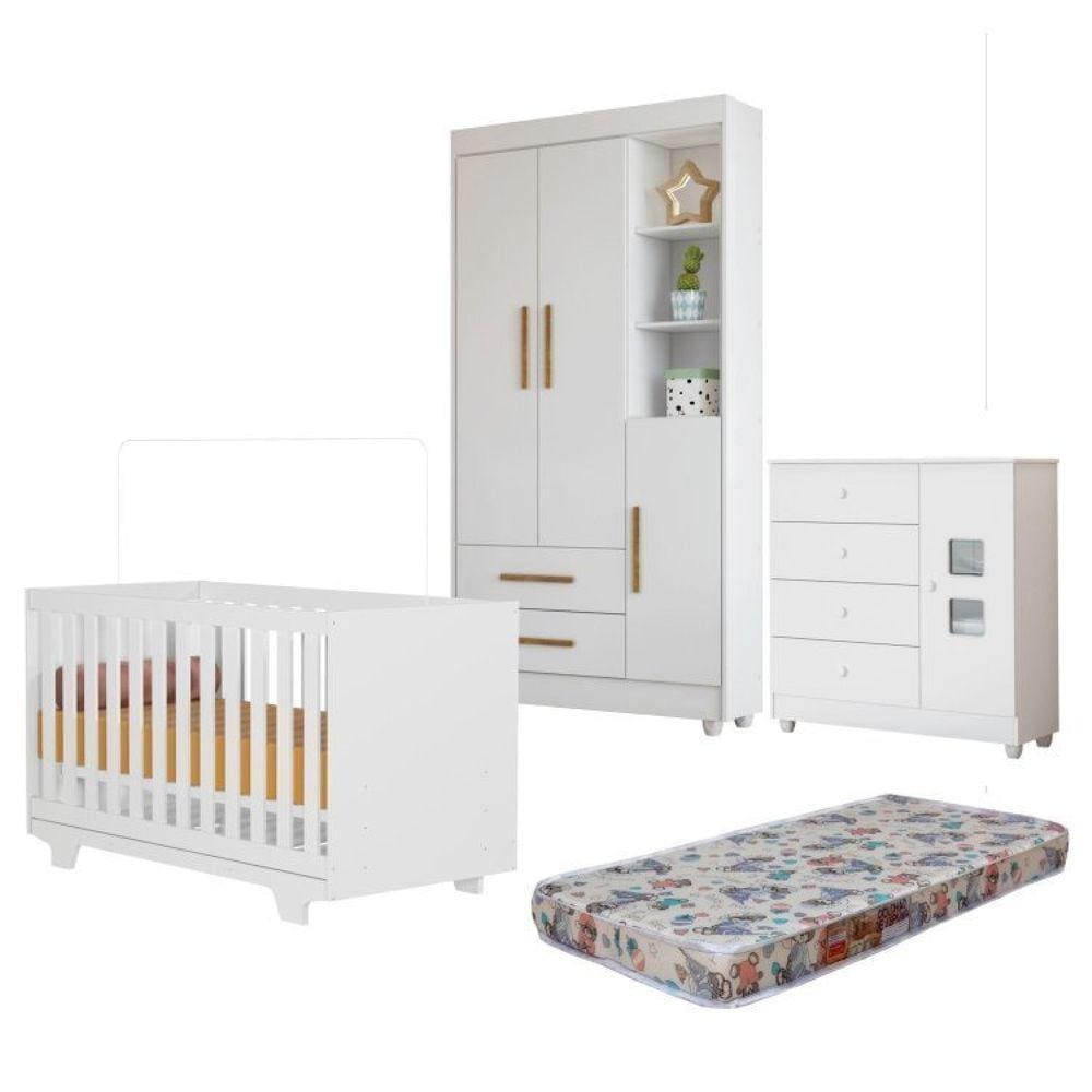 Quarto de Bebê com Berço Mini Cama, Cômoda 1 Porta 4 Gavetas e Roupeiro Flocos 3 Portas 2 Gavetas Branco