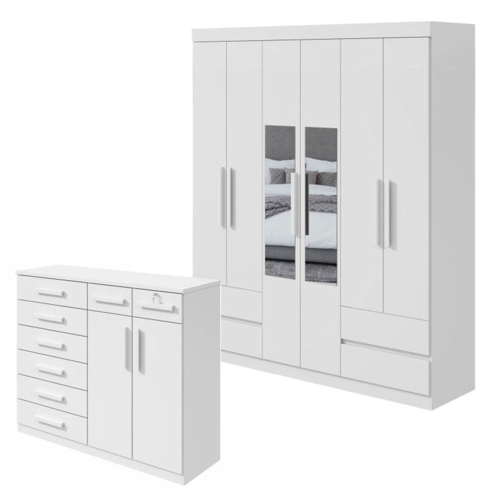 Conjunto de Guarda-Roupa Casal com Espelho 6 Portas 4 Gavetas Zeus e Cômoda Toronto Branco