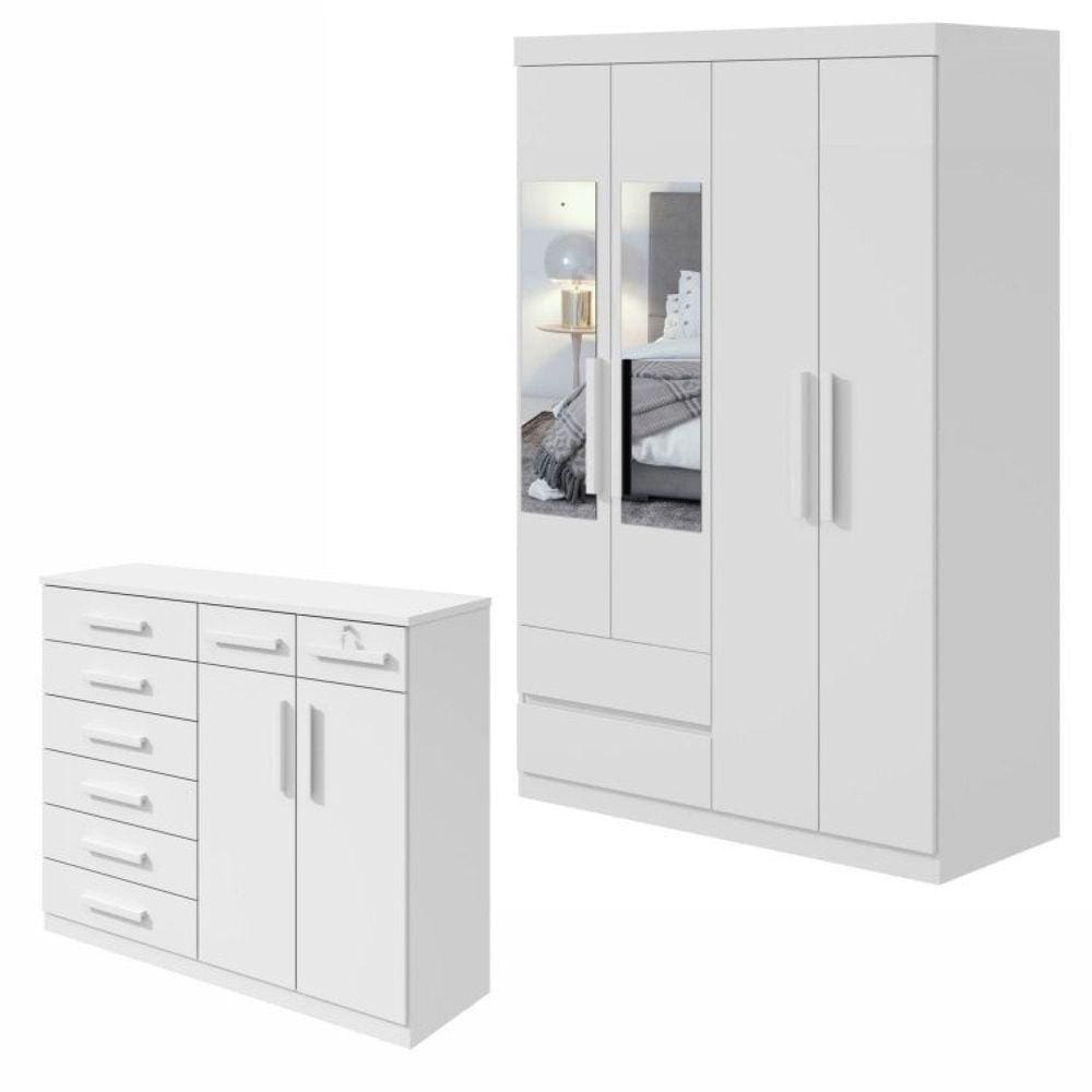 Conjunto de Guarda-Roupa Solteiro com Espelho 4 Portas 2 Gavetas Zeuse Cômoda Toronto Branco
