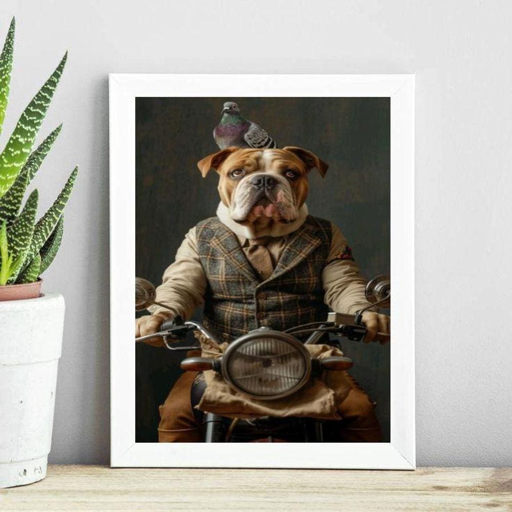 Quadro Cão Boxer Motociclista 33X24Cm - Com Vidro