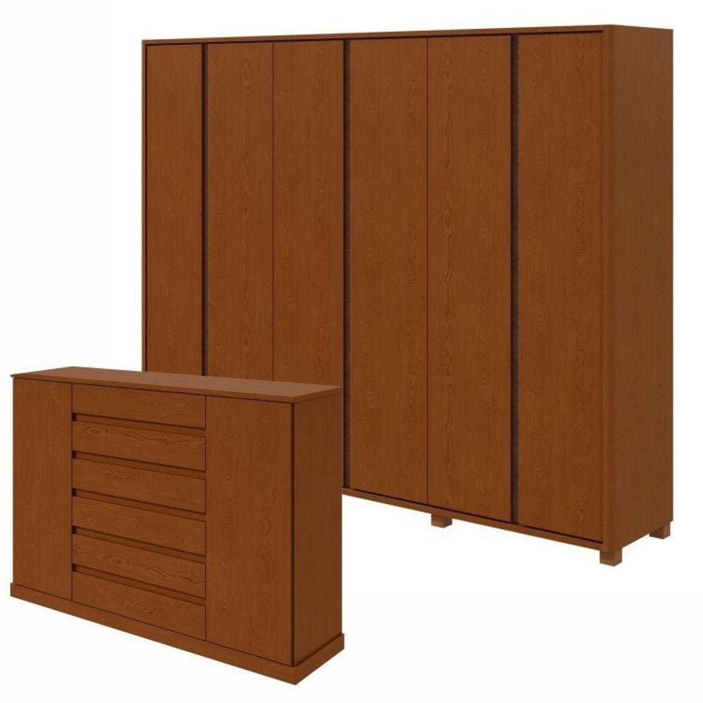 Conjunto de Guarda-Roupa Casal Leder 6 Portas com Pése Cômoda 2 Portas Vedra Frassino