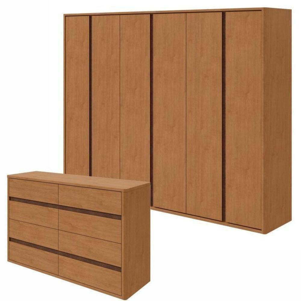 Conjunto de Guarda-Roupa Casal Leder 6 Portase Cômoda 8 Gavetas 150x95cm Leder Amêndoa Clean