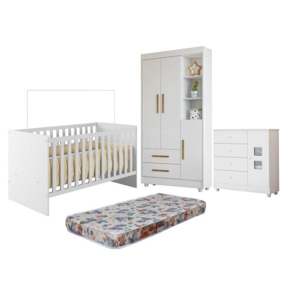 Quarto de Bebê Berço com Colchão, Cômoda 1 Porta 4 Gavetas e Roupeiro Flocos 3 Portas 2 Gavetas Branco