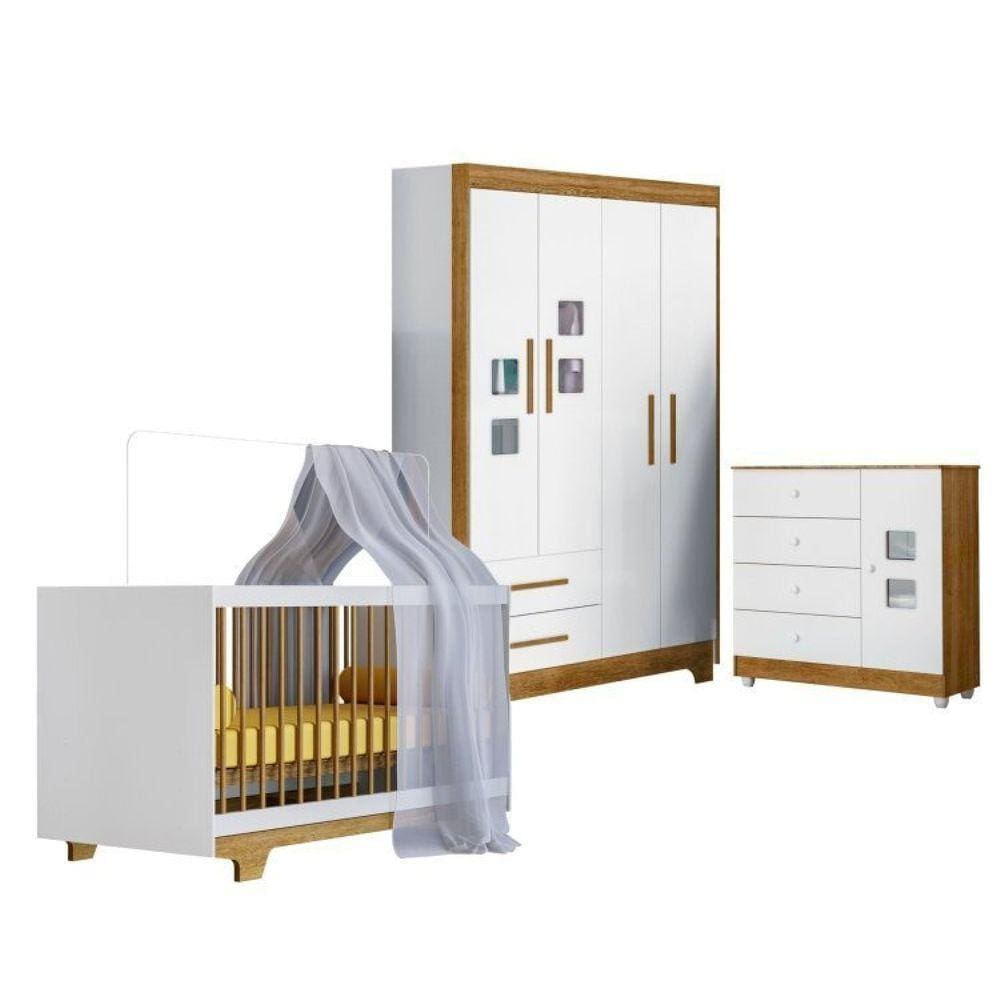 Quarto de Bebê com Berço Mini Cama, Cômoda 1 Porta 4 Gavetas e Roupeiro 4 Portas 2 Gavetas Fly Branco/Madeirado Ypê