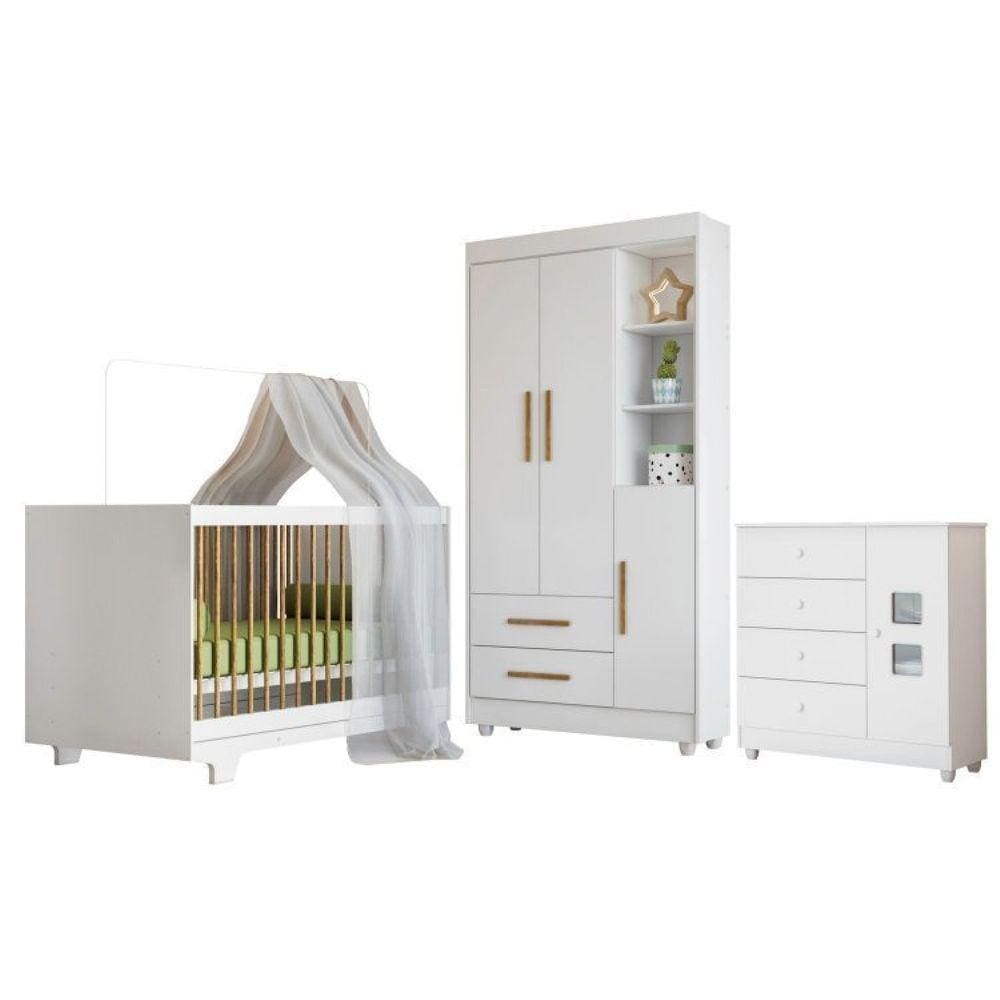 Quarto de Bebê com Berço Mini Cama, Cômoda 1 Porta 4 Gavetas e Roupeiro Flocos 3 Portas 2 Gavetas Branco