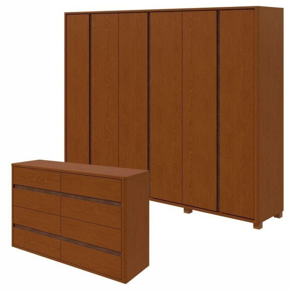 Conjunto de Guarda-Roupa Casal Leder 6 Portas com Pése Cômoda 8 Gavetas 150x95cm Leder Frassino