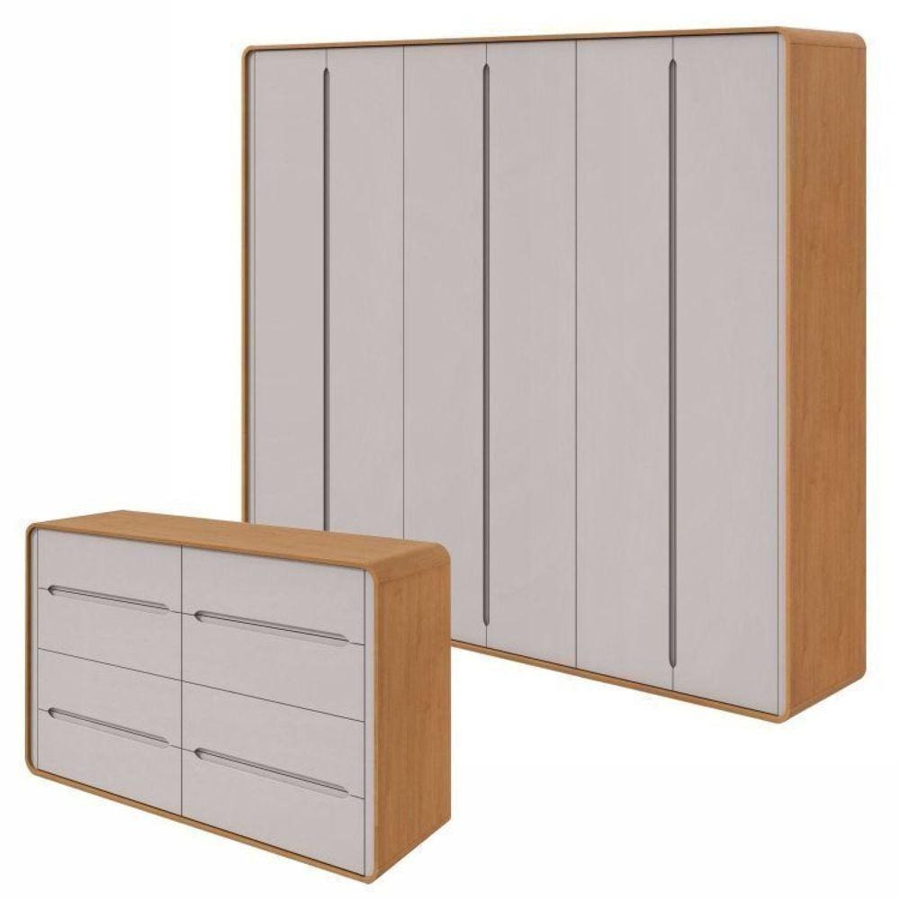 Conjunto de Guarda-Roupa Casal Loop 6 Portase Cômoda 8 Gavetas 152x48x96cm Loop Amêndoa Clean/Off White