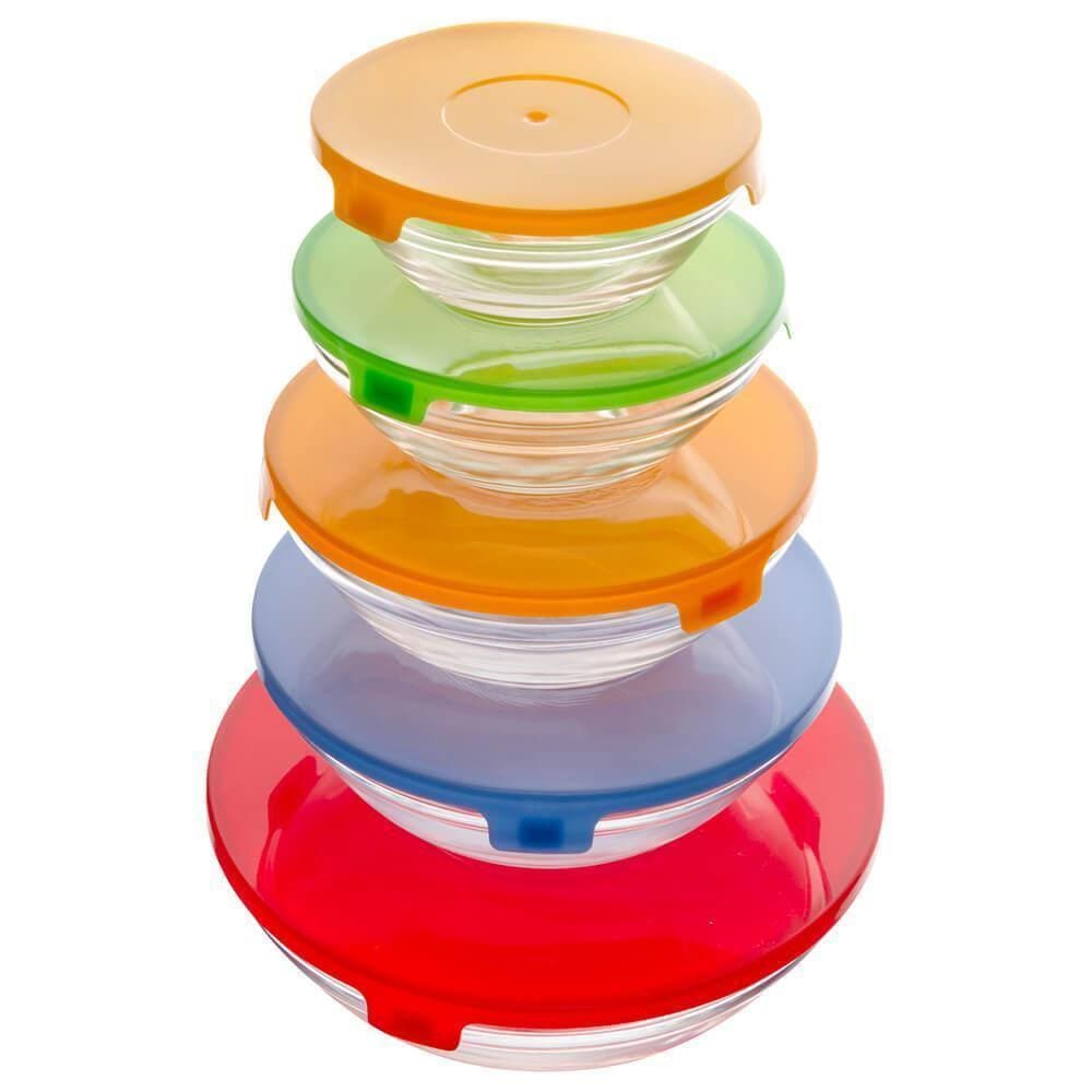 Jogo Potes Vidro Tampa Plástico Coloridas 5 Peças Lyor