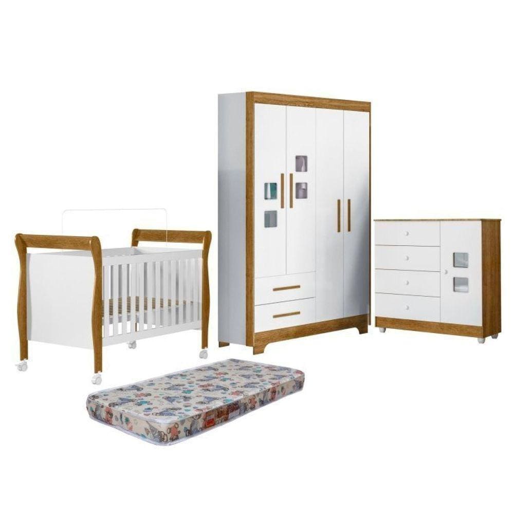 Quarto de Bebê Berço Mini Cama com Colchão, Cômoda 1 Porta 4 Gavetas e Roupeiro 4 Portas 2 Gavetas Branco/Madeirado Ypê