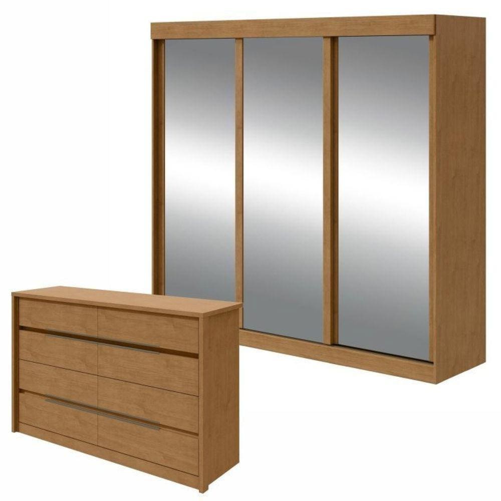 Conjunto de Guarda-Roupa 3 Portas 3 Gavetas Saion Plus Super Glasse Cômoda 8 Gavetas Urban Amêndoa Clean/Off White/Amêndoa Clean