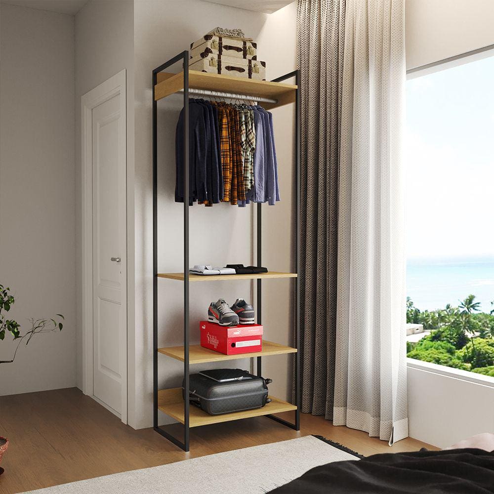 Closet Modulado Estilo Industrial Solteiro Loft Canela Cabideiro Ferro Preto