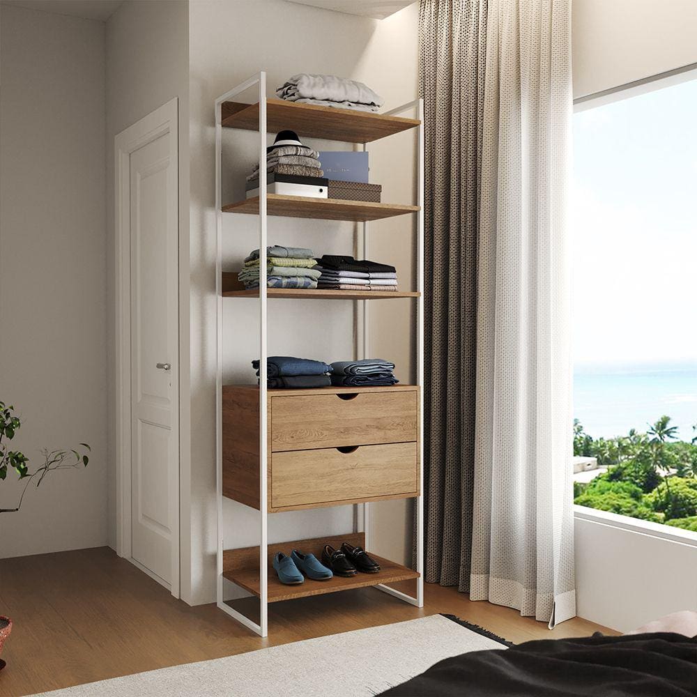 Guarda Roupa Aberto Industrial Solteiro 1 Módulo com Gaveta Amêndoa Ferro Branco
