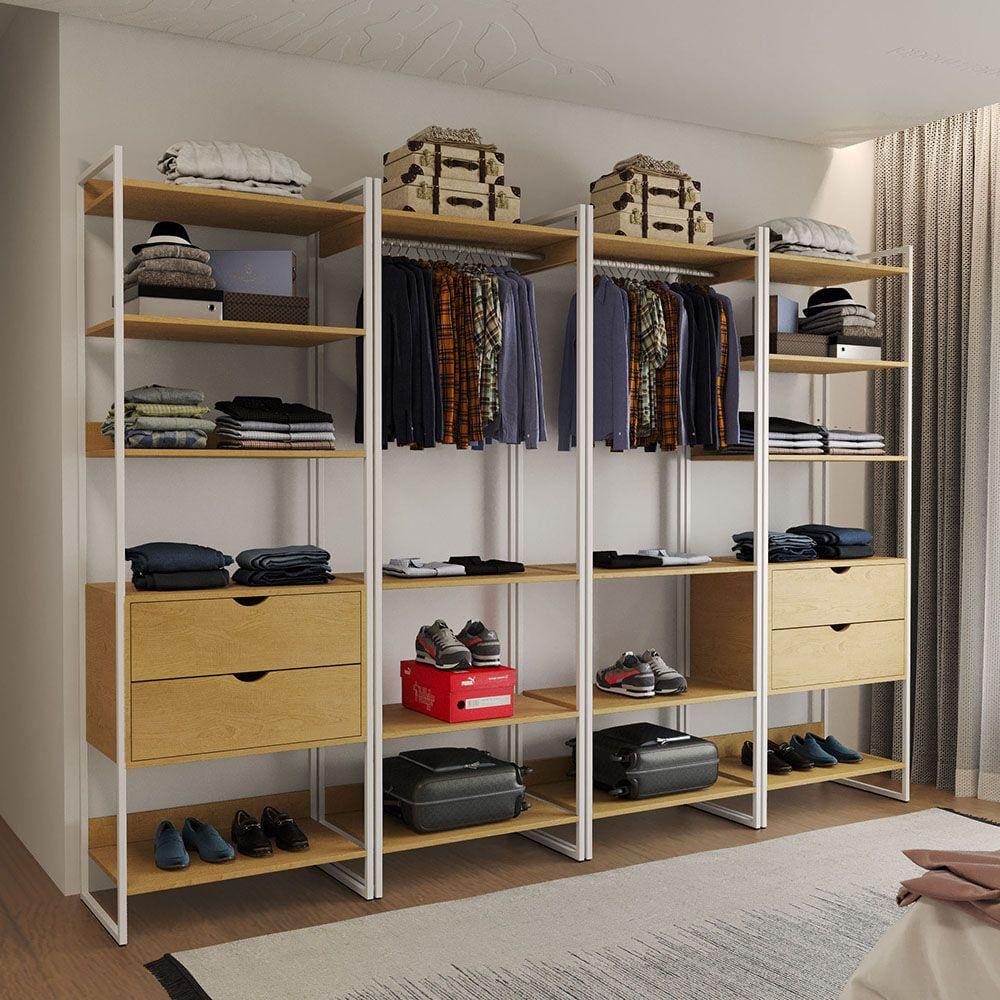 Guarda Roupa Aberto Industrial Casal Modulado Completo Canela Cabideiro com Gavetas Ferro Branco