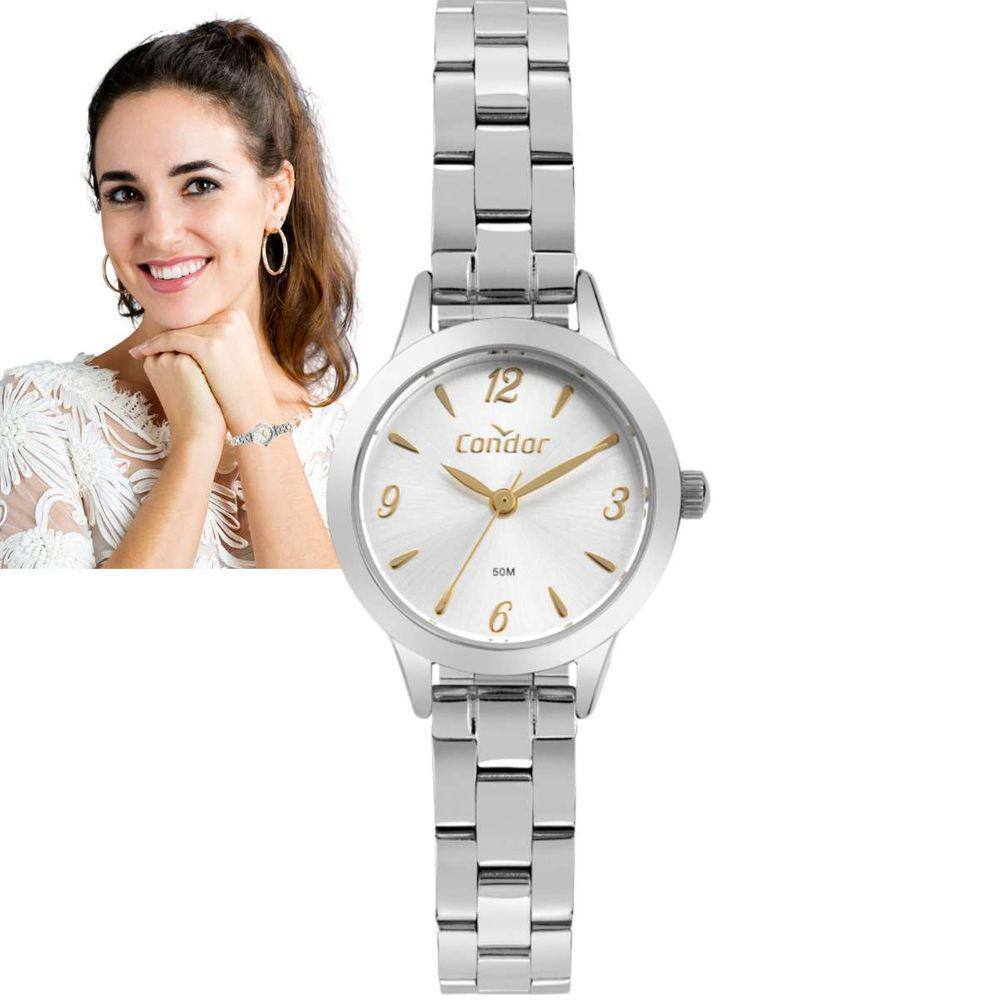 Relógio de Pulso Condor Feminino Analógico Pequeno Redondo Aço Inóx Prova Dágua 50 Metros Casual Elegante Prata CO2035MZP/4K