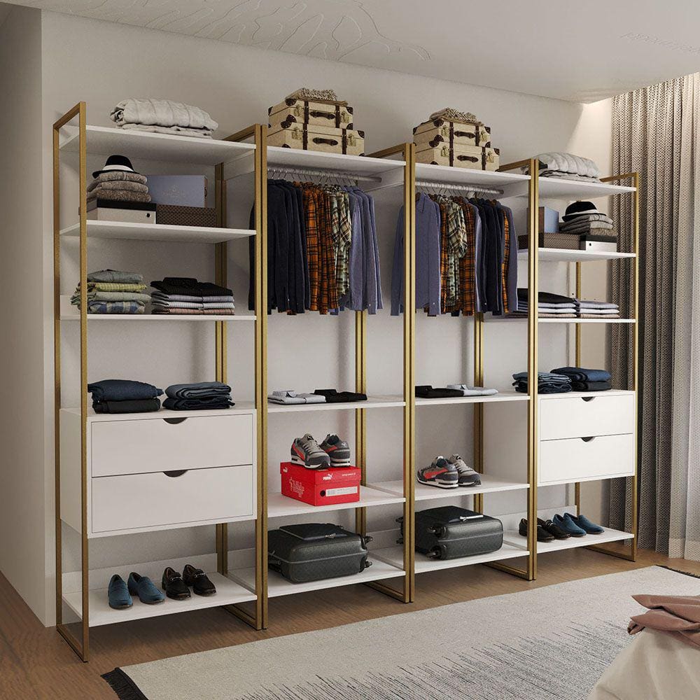 Guarda Roupa Aberto Industrial Casal Modulado Completo Branco Cabideiro com Gavetas Base Dourada