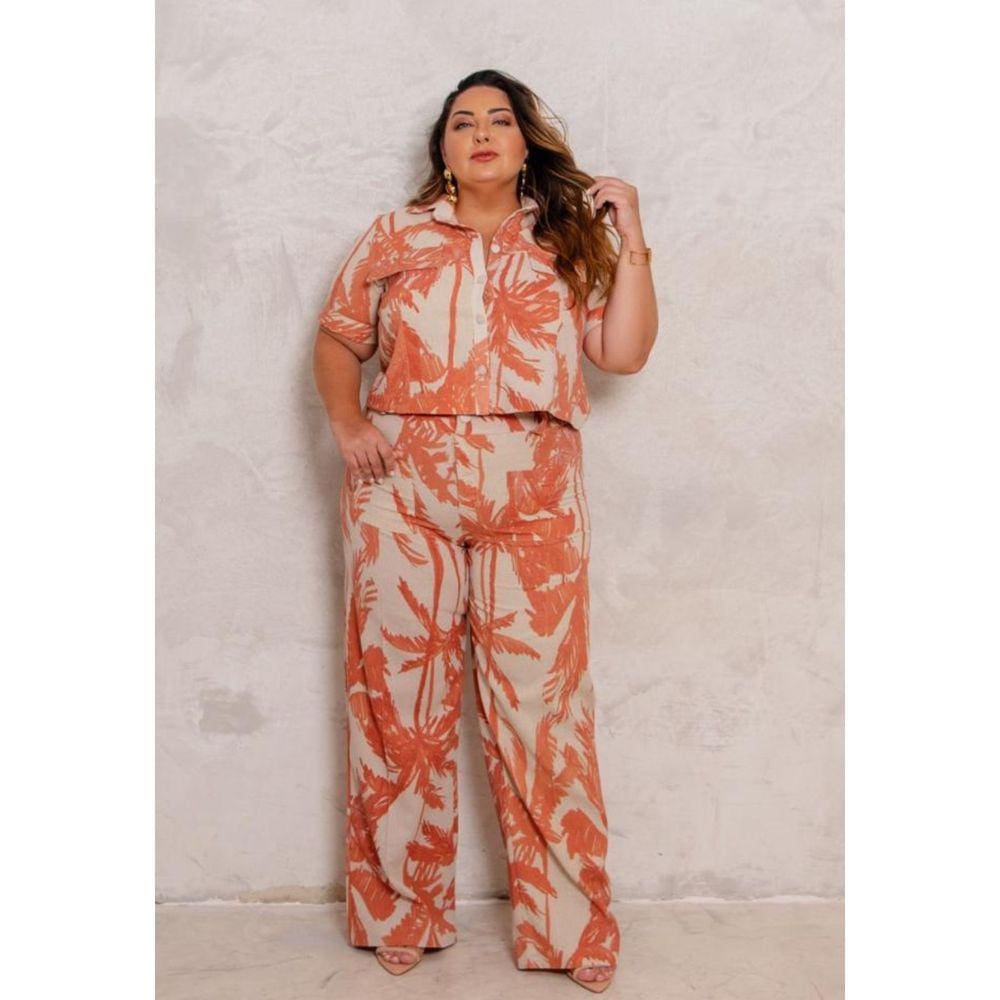 Conjunto Feminino Plus Size Em Linho Estampado