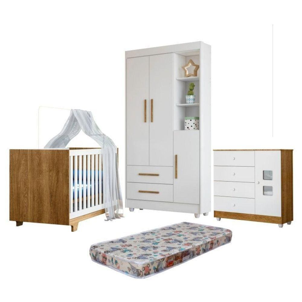 Quarto de Bebê Berço Mini Cama, Cômoda 1 Porta 4 Gavetas e Roupeiro Flocos 3 Portas 2 Gavetas Branco/Madeirado Ypê