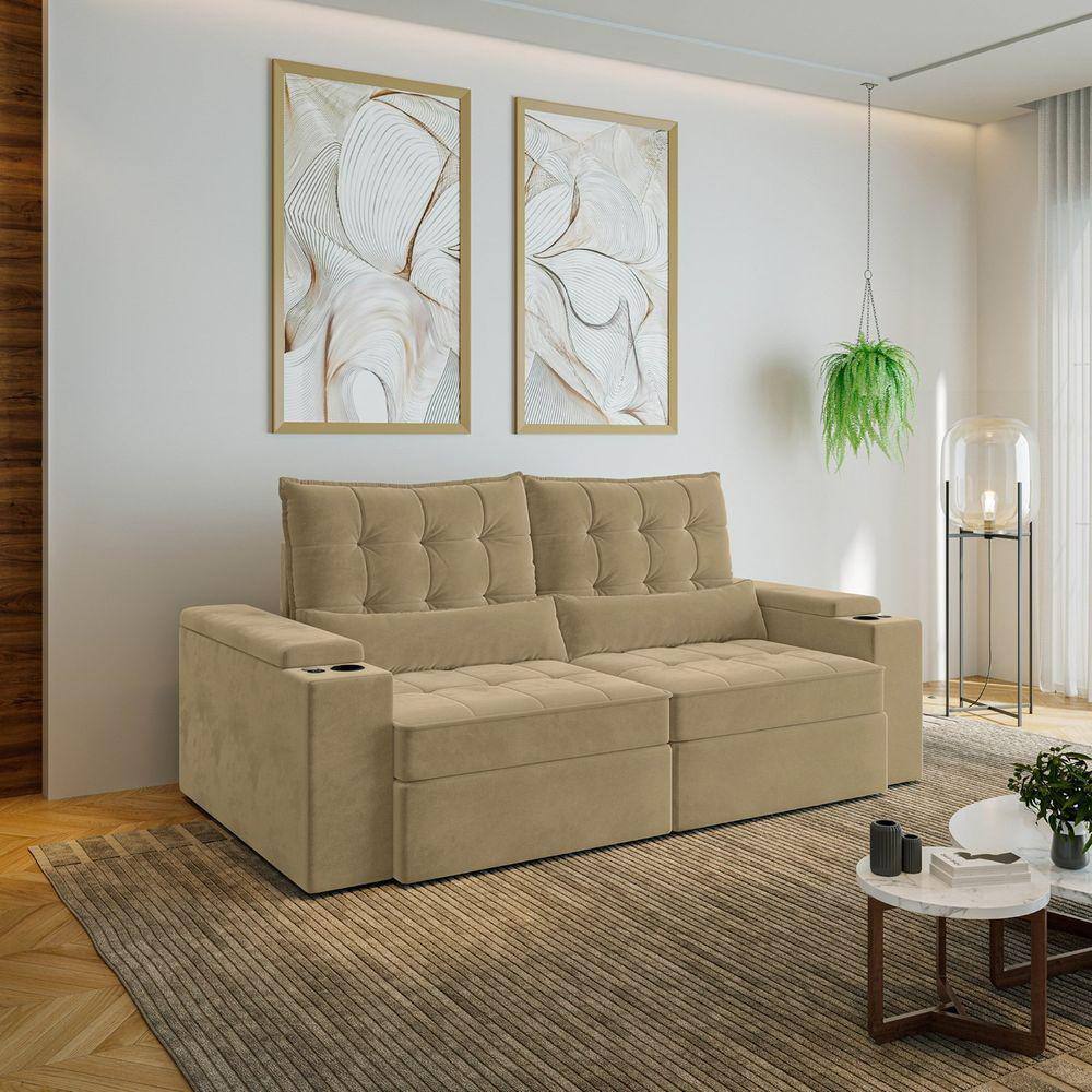 Sofá Retrátil e Reclinável com Porta Copos e Usb 3 Lugares 220cm Embaúba Extra Cabecasa Madeiramadei Palha Diamante