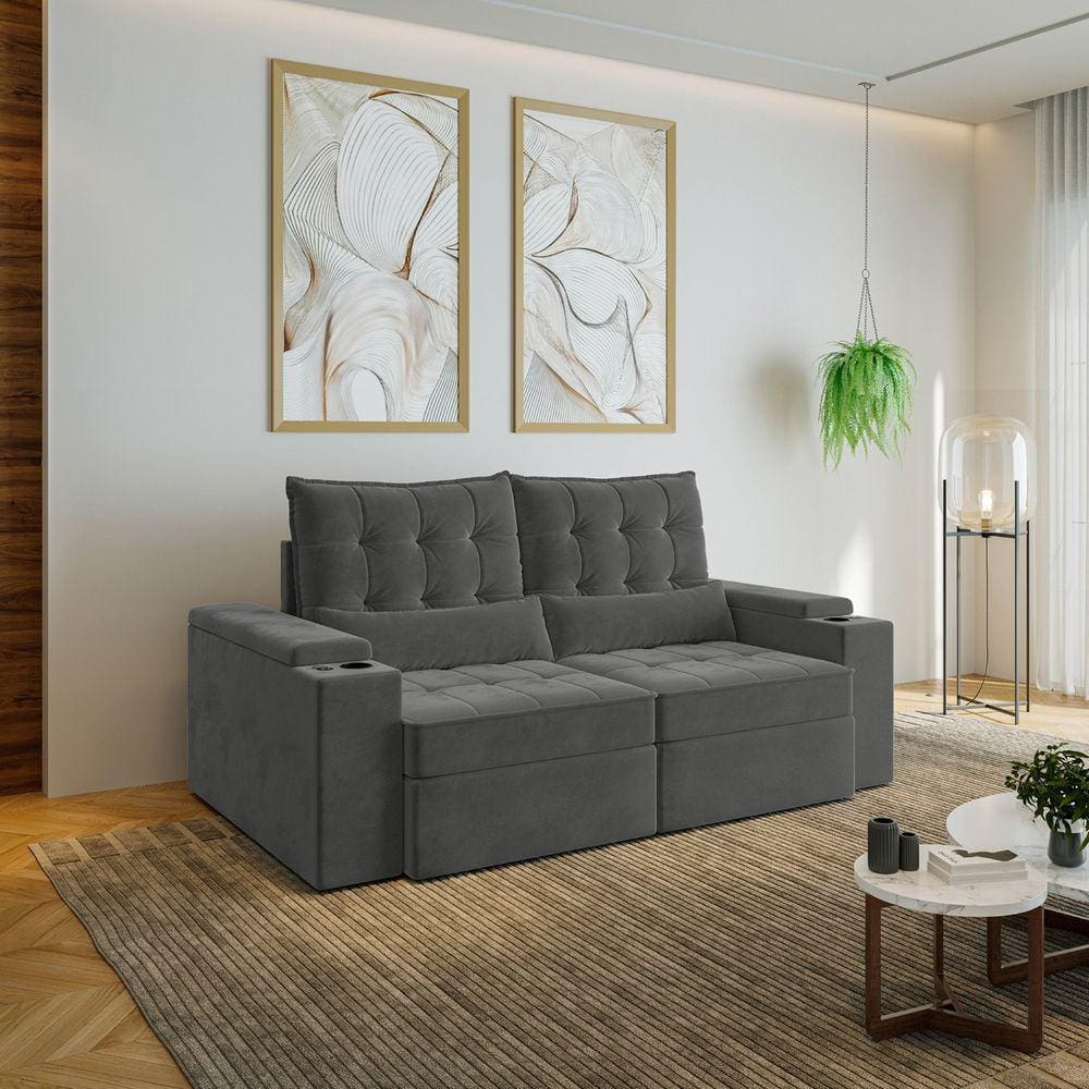 Sofá Retrátil e Reclinável com Porta Copos e Usb 3 Lugares 200cm Embaúba Extra Cabecasa Madeiramadei Grafite Fosco