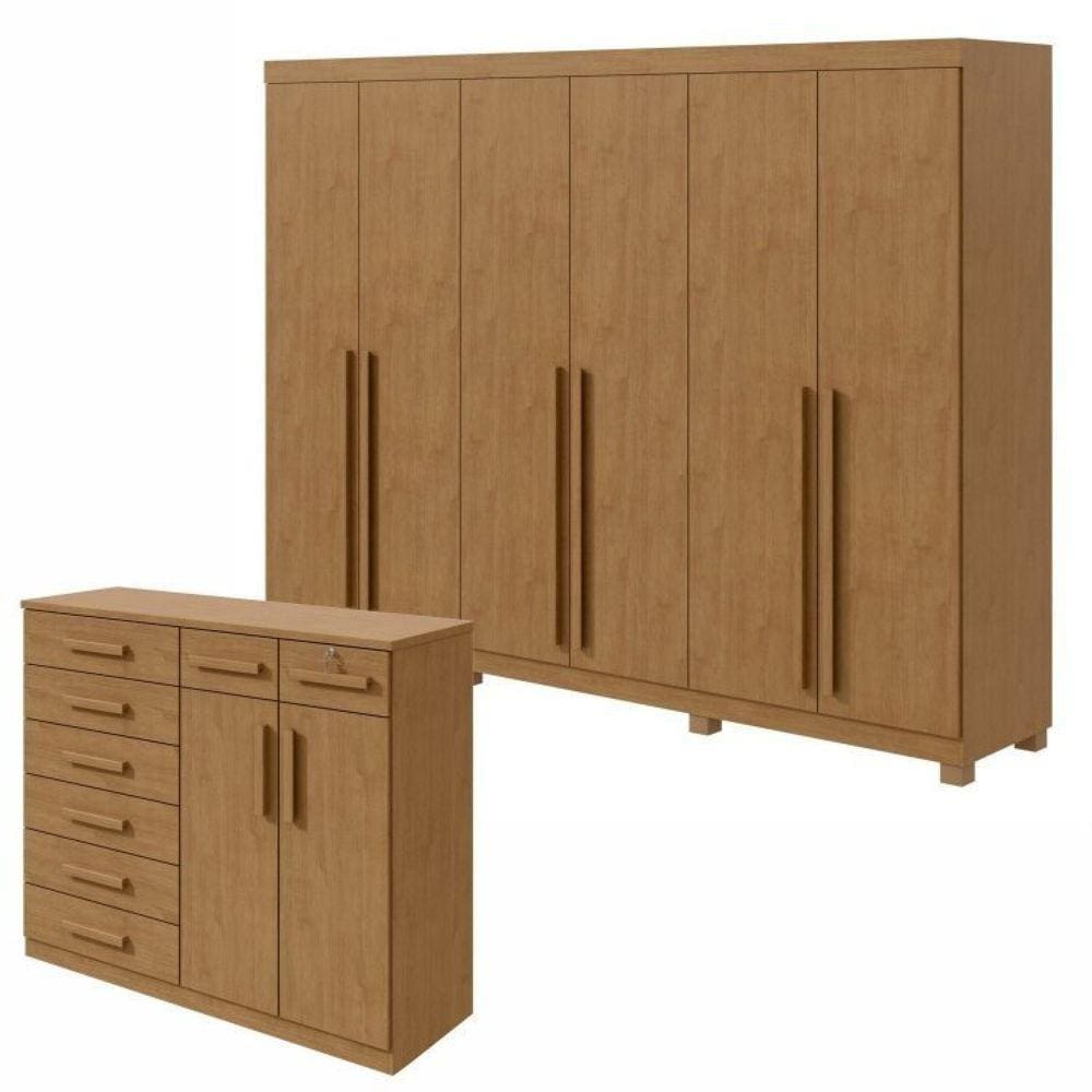 Conjunto de Guarda-Roupa 6 Portas com Pés Bertha com Cômoda Toronto Amêndoa Clean