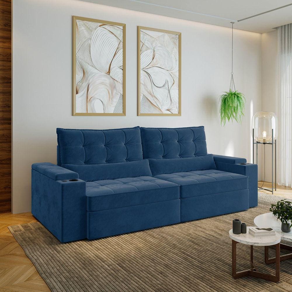 Sofá Retrátil e Reclinável com Porta Copos e Usb 4 Lugares 260cm Embaúba Extra Cabecasa Madeiramadei Azul Diamante