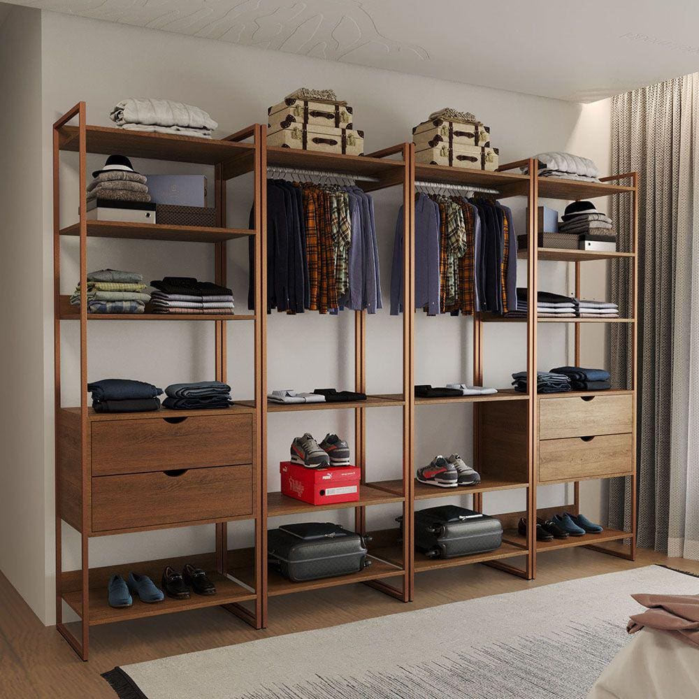 Guarda Roupa Aberto Industrial Casal Modulado Completo Amêndoa Cabideiro com Gavetas Base Cobre