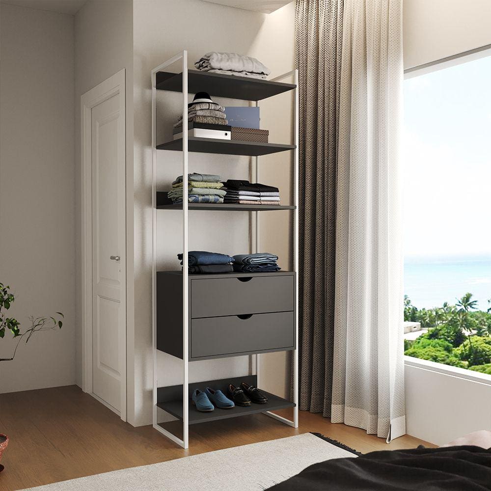 Closet Solteiro Estilo Industrial Loft 1 Módulo com Gaveta Preto Ferro Branco