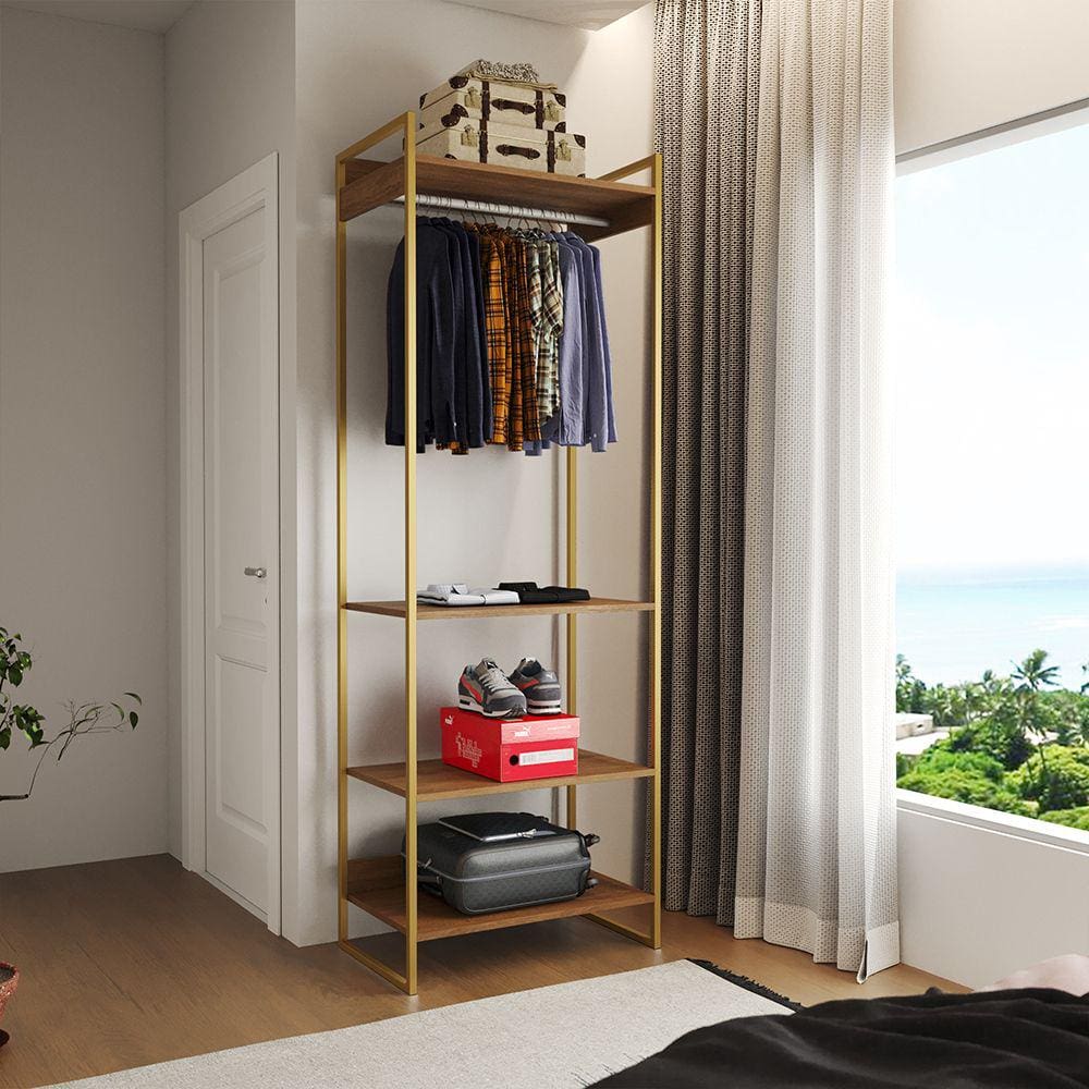 Guarda Roupa Aberto Industrial Modulado Solteiro Amêndoa Cabideiro Base Dourada
