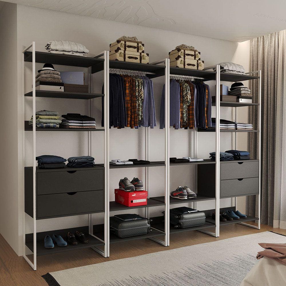 Guarda Roupa Aberto Industrial Casal Modulado Completo Preto Cabideiro com Gavetas Ferro Branco