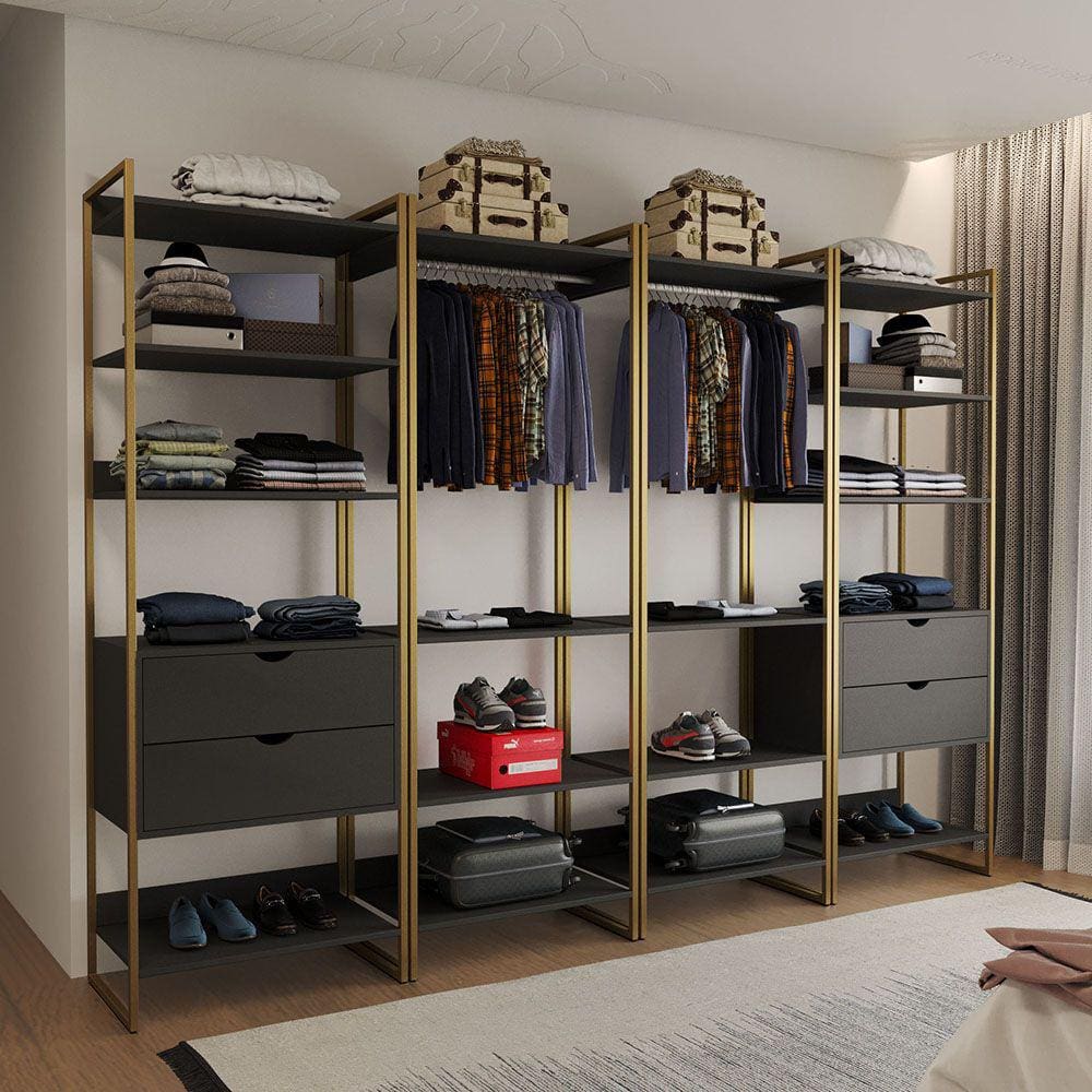 Guarda Roupa Aberto Industrial Casal Modulado Completo Preto Cabideiro com Gavetas Base Dourada