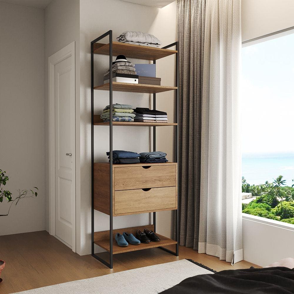 Closet Solteiro Estilo Industrial Loft 1 Módulo com Gaveta Amêndoa Ferro Preto