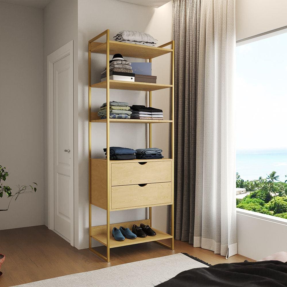Closet Solteiro Estilo Industrial Loft 1 Módulo com Gaveta Canelabase Dourada
