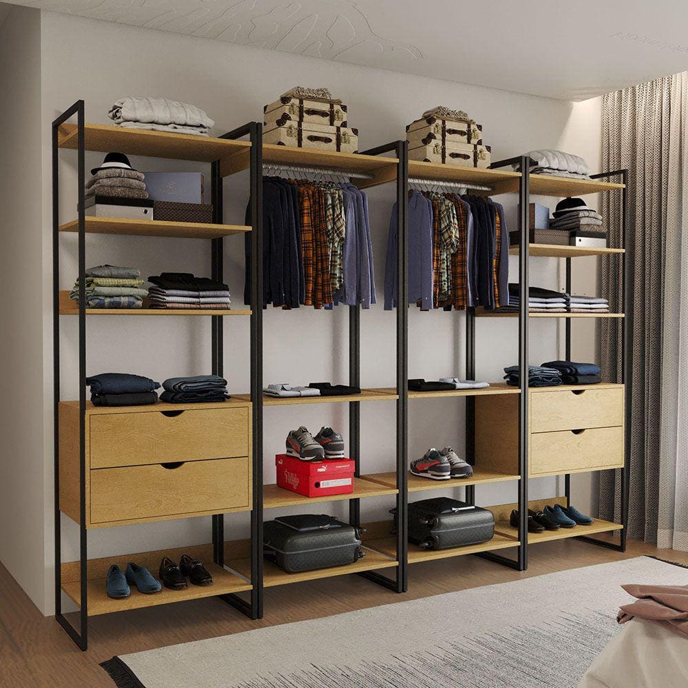 Guarda Roupa Aberto Industrial Casal Modulado Completo Canela Cabideiro com Gavetas Ferro Preto