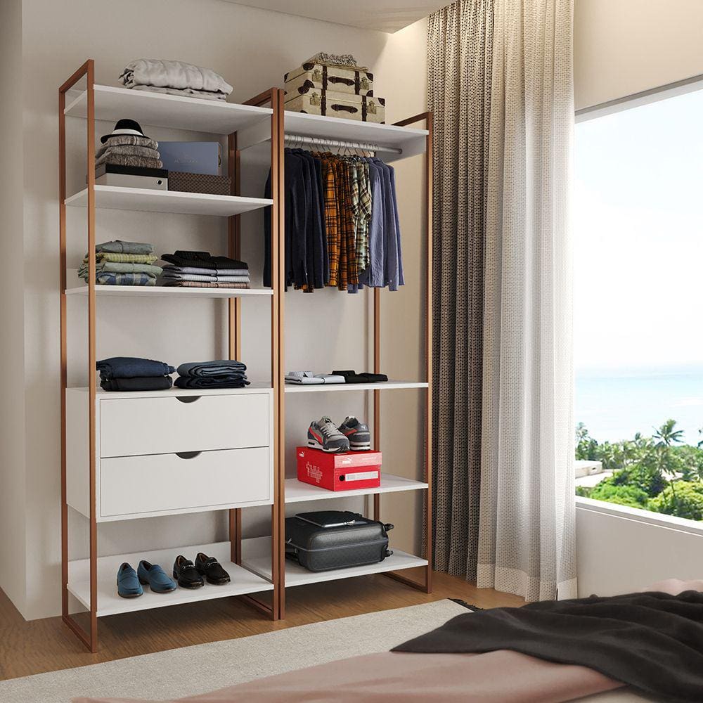 Closet Industrial Casal Loft 2 Módulos Branco Cabideiro com Gavetas Base Cobre