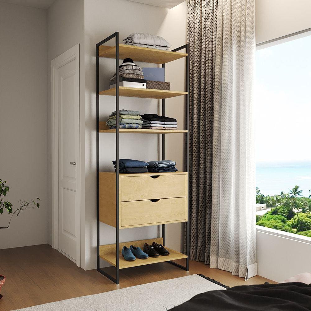 Closet Solteiro Estilo Industrial Loft 1 Módulo com Gaveta Canela Ferro Preto