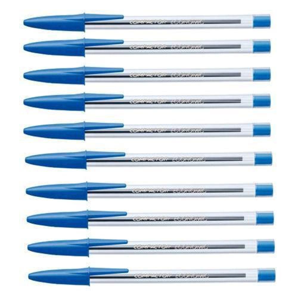 Kit 10 Canetas Compactor Econômica Ponta Média Azul