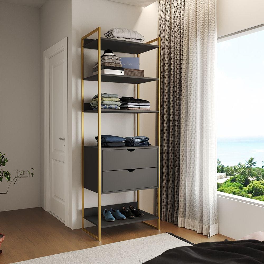 Guarda Roupa Aberto Industrial Solteiro 1 Módulo com Gaveta Preto Base Dourada
