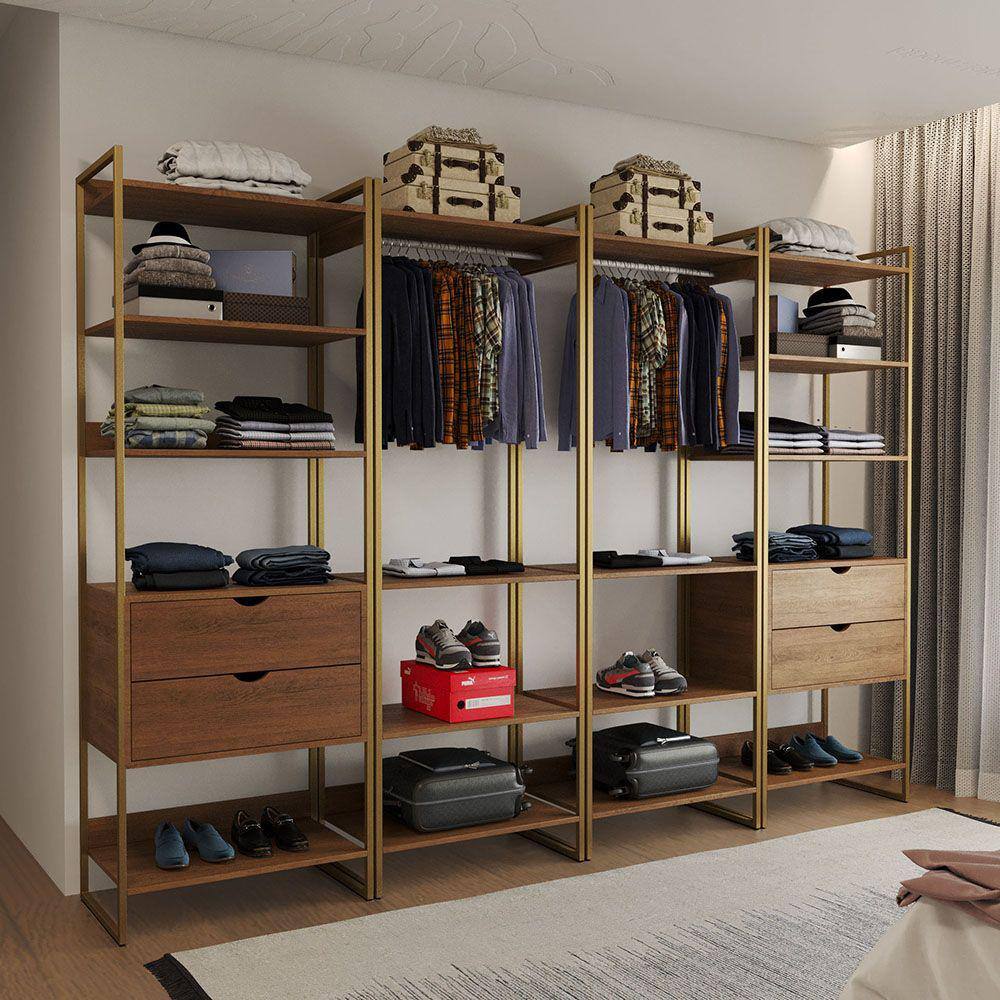 Guarda Roupa Aberto Industrial Casal Modulado Completo Amêndoa Cabideiro com Gavetas Base Dourada