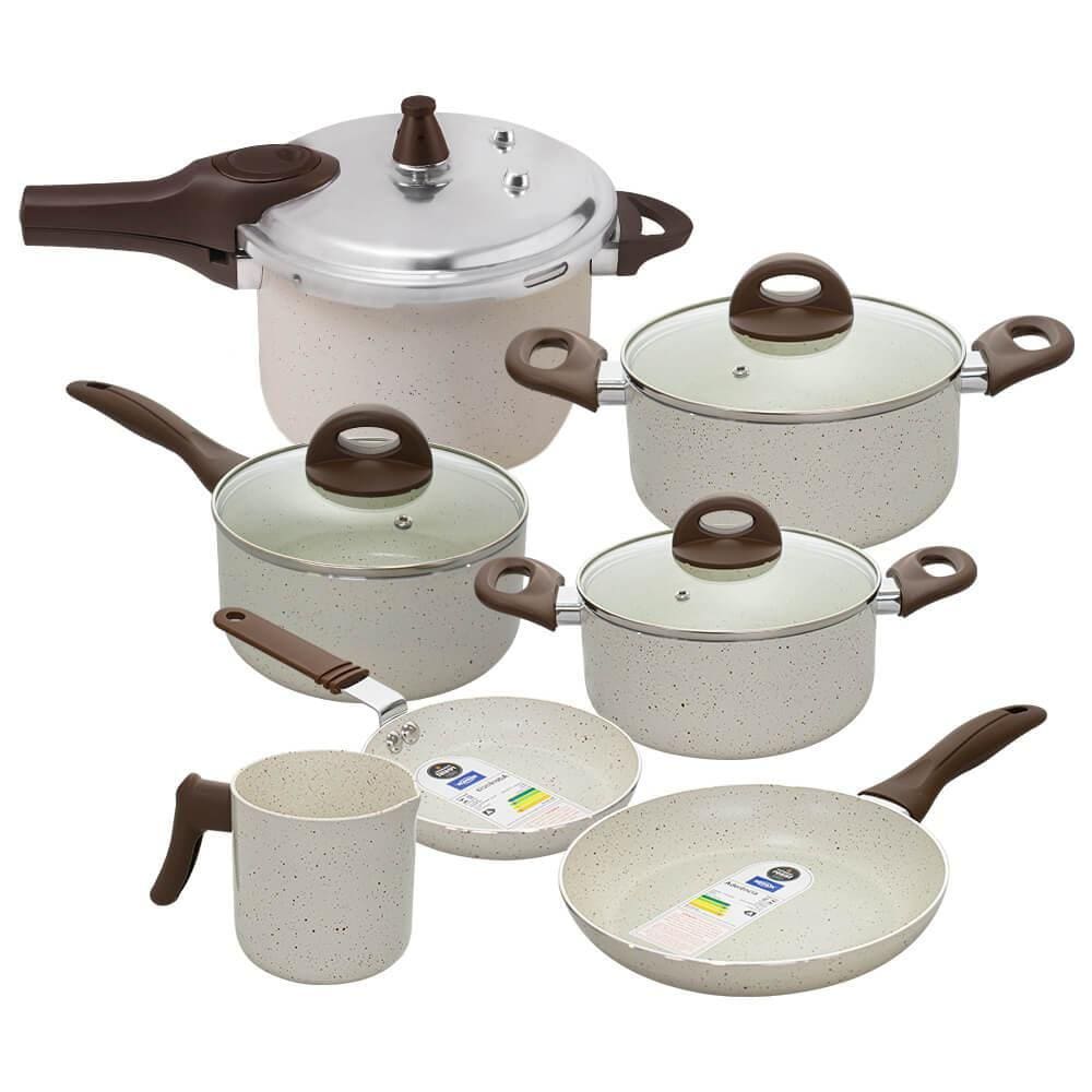 Jogo de Panelas com Panela de Pressão 6,8L Antiaderente Ceramic Life Smart Plus Vanilla 7 Peças - Brinox