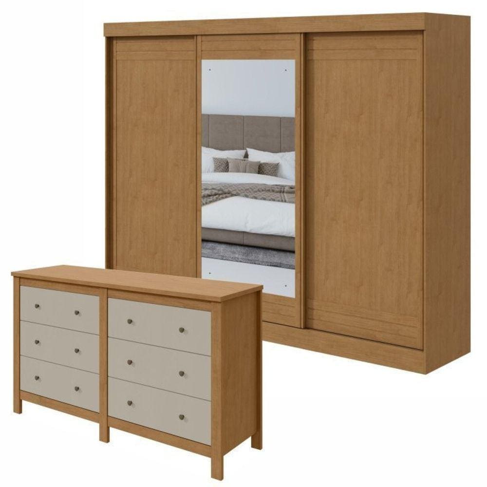 Conjunto de Guarda-Roupa 3 Portas 4 Gavetas Nice com Espelhoe Cômoda Maggiore New Amêndoa Clean/Off White