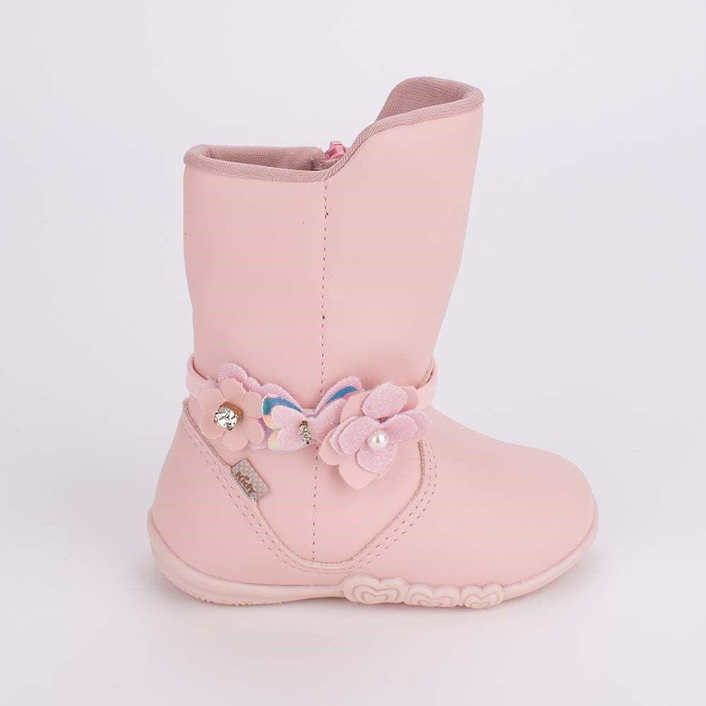 Bota Infantil Bebê Feminina Kidy Borboleta e Flores Rosa
